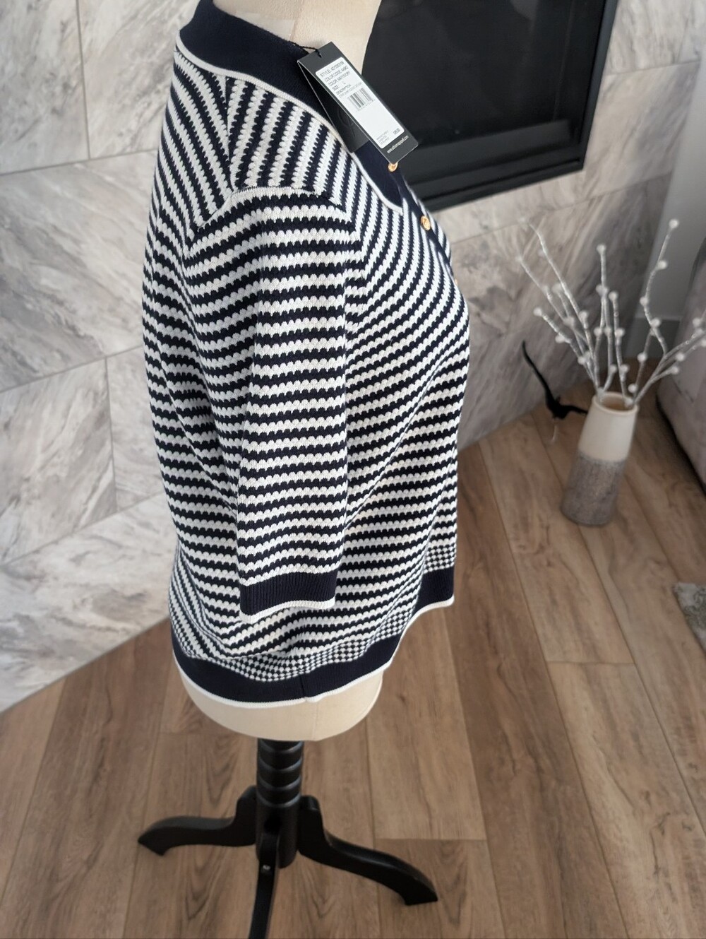 Adrianna Papell Navy and Ivory Striped Short Sleeve Cardigan - Picture 6 of 11